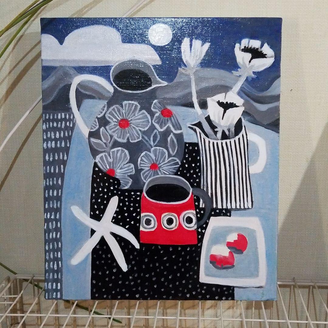 油絵 専用 月を見ながらのティータイム