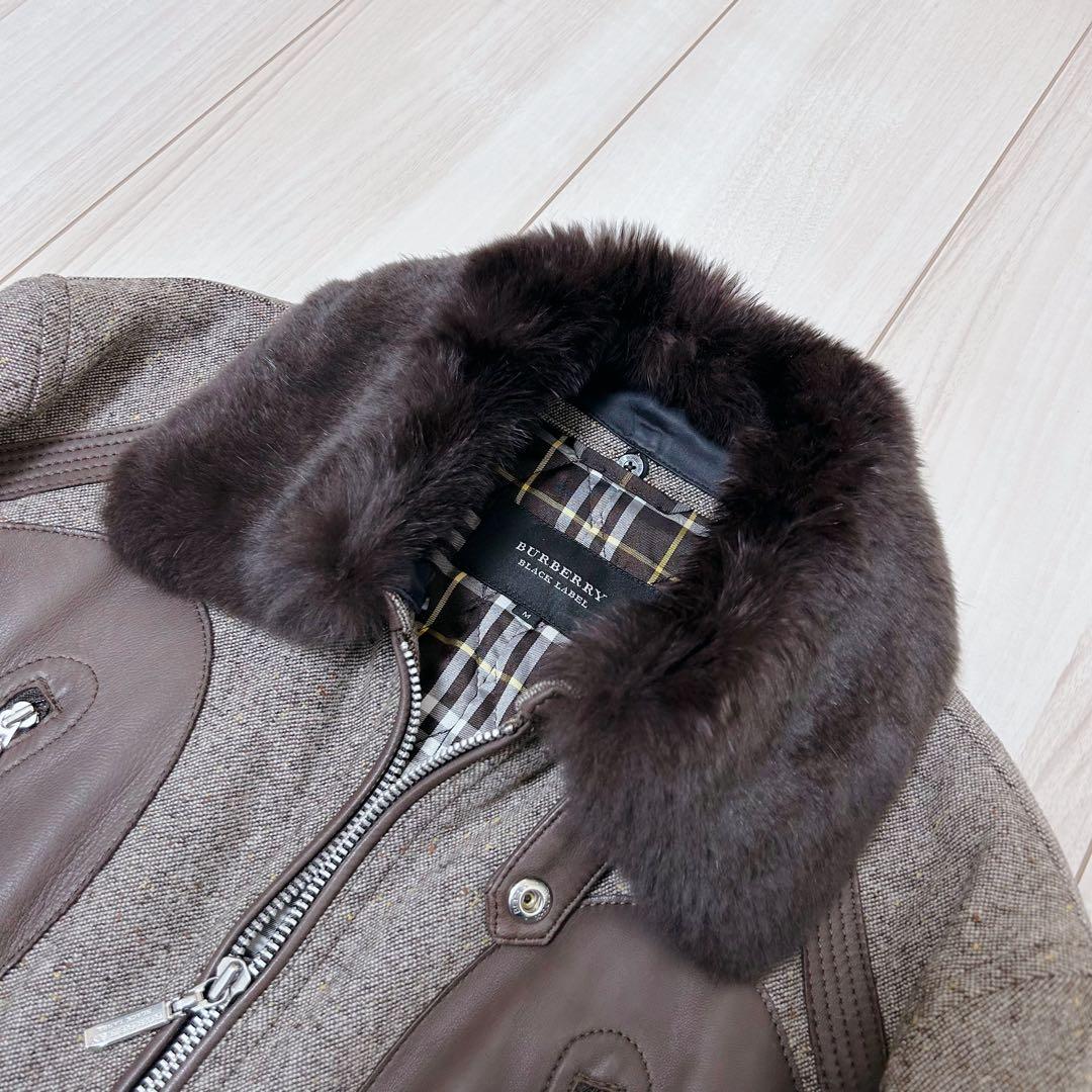 美品】バーバリー ラビットファー ツイードジャケット レザー切替