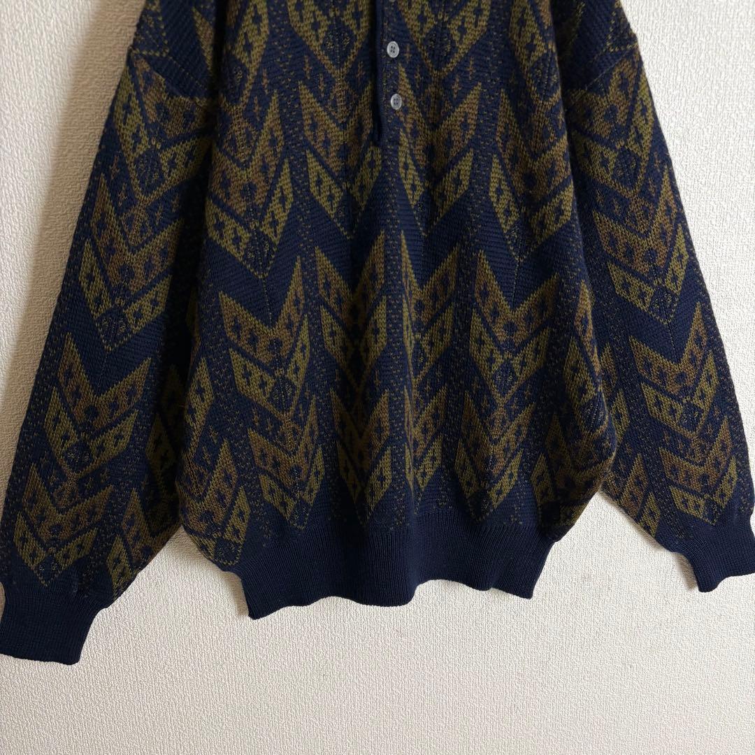 ポロニット 幾何学模様総柄 ハーフボタン 襟袖裾切替 太アーム ユニ