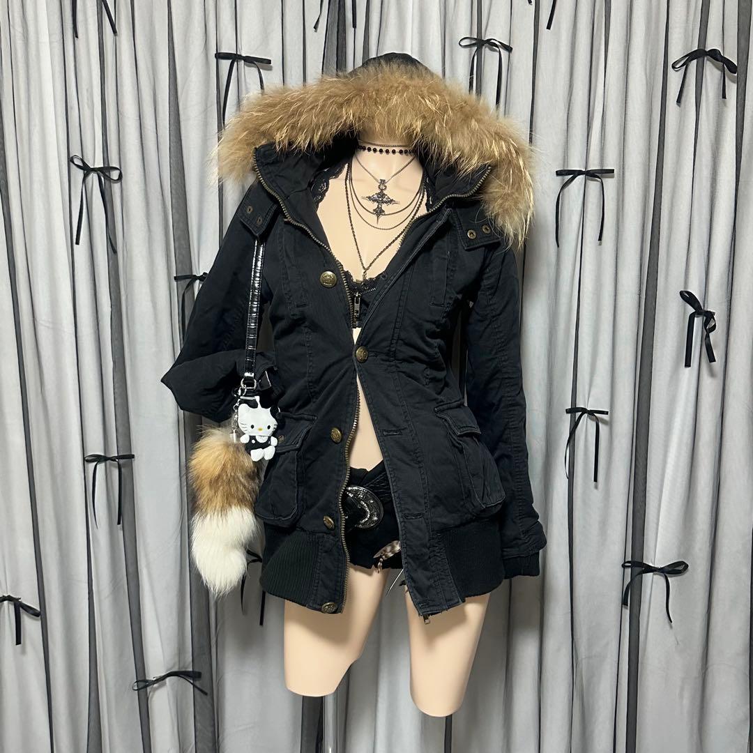 平成ギャル y2k リアルファー付きミニタリーモッズコート 黒 グランジ
