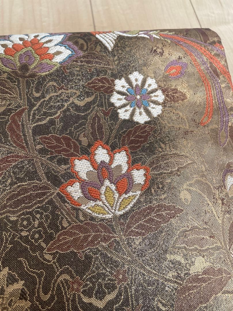 袋帯 花柄鳥刺繍 正絹 茶色ゴールド 着物・浴衣