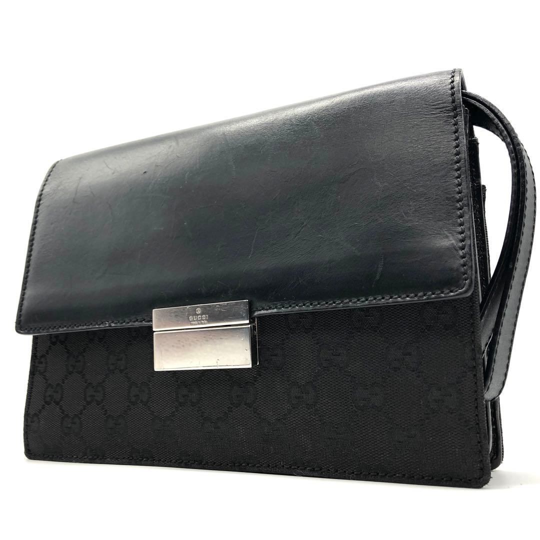 【美品】GUCCI クラッチバッグ レザー GGキャンバス 持ち手あり ブラック GUCCI（グッチ） クラッチバッグ GGマーモント レザー ブラック 黒