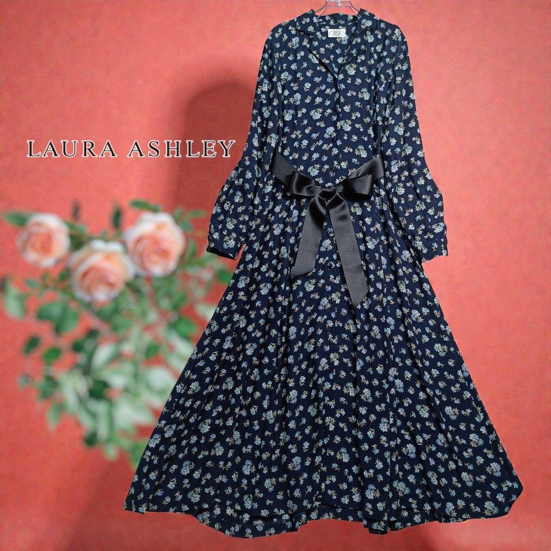 ローラアシュレイ ロングフレアワンピース 花柄 総柄 ネイビー 前開き