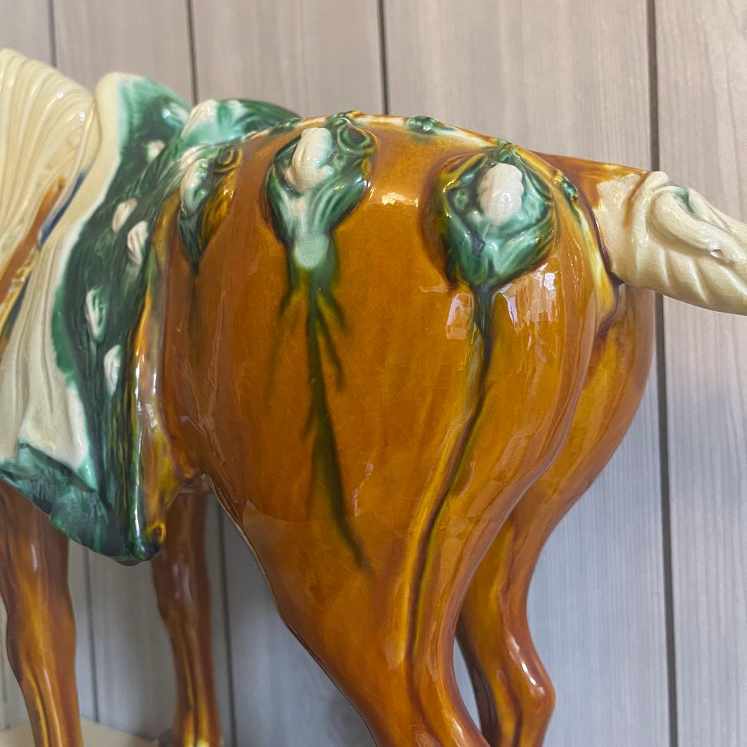 陶器製 馬の置物 茶色と緑 唐三彩 中国 美術 古都 風水 骨董品 古美術