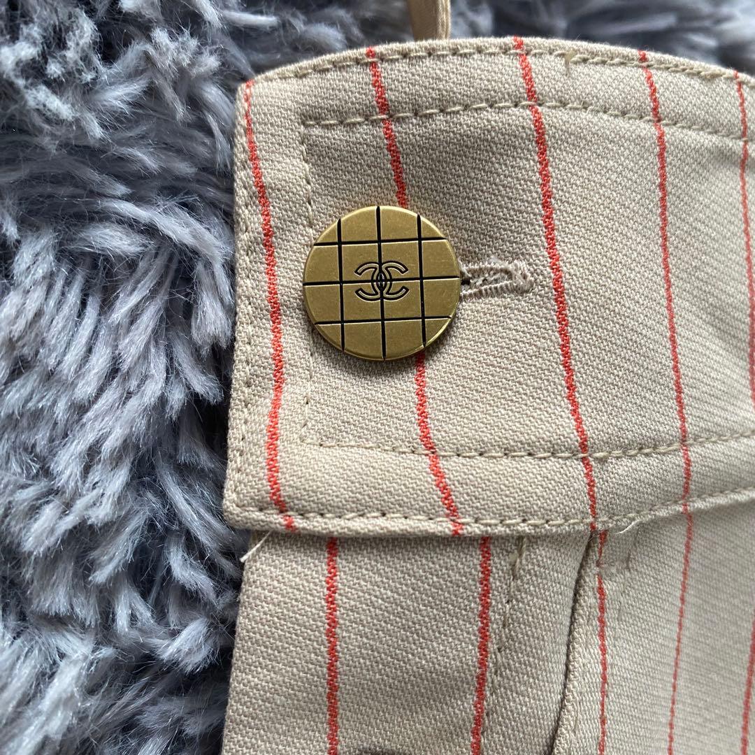 シャネル ココボタン 羊毛 サイズ42 ワイドパンツ オレンジストライプ