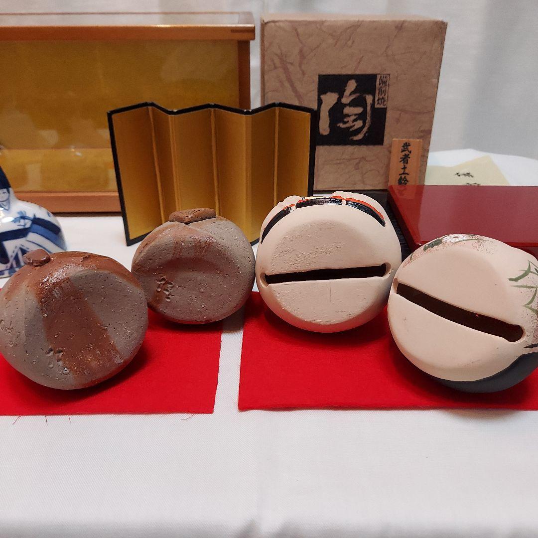 雛人形 砥部焼きよし窯 備前焼 手びねり 土鈴 姫だるま ガラスケース