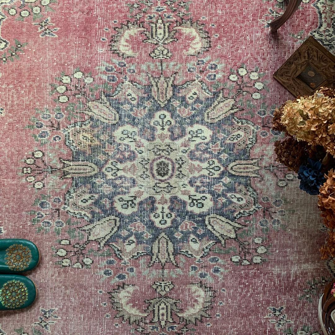 ペールピンク トルコヴィンテージラグ 215×116 メダリオン