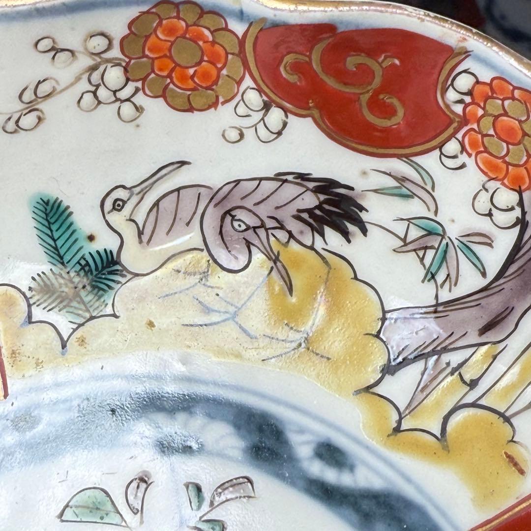 江戸中期〜後期 古伊万里 色絵柘榴文菊花形 なます皿 5枚 裏七宝結文