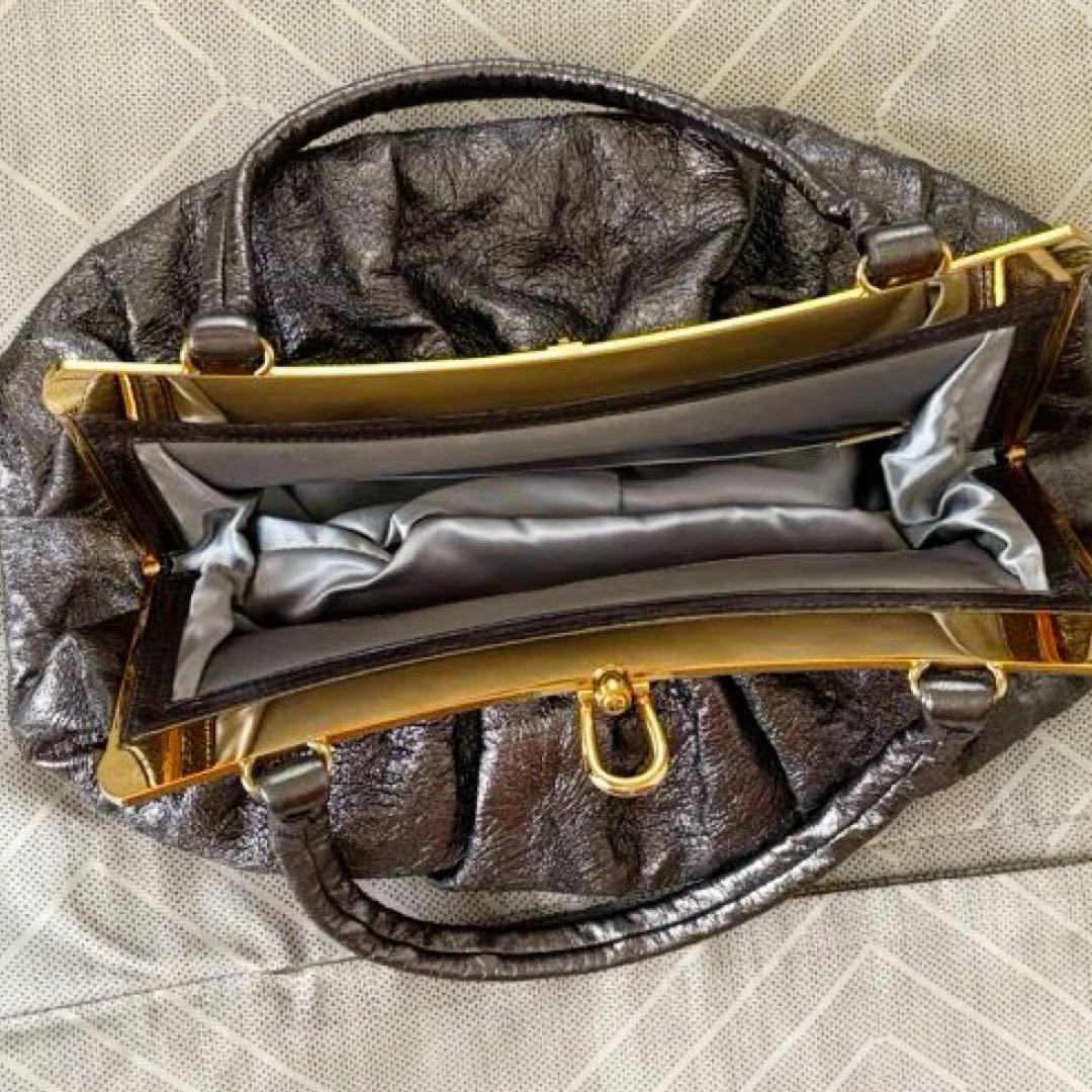 希少 濱野 ハマノHAMANO サンピエトロ 天然石飾りギャザーハンドバッグ