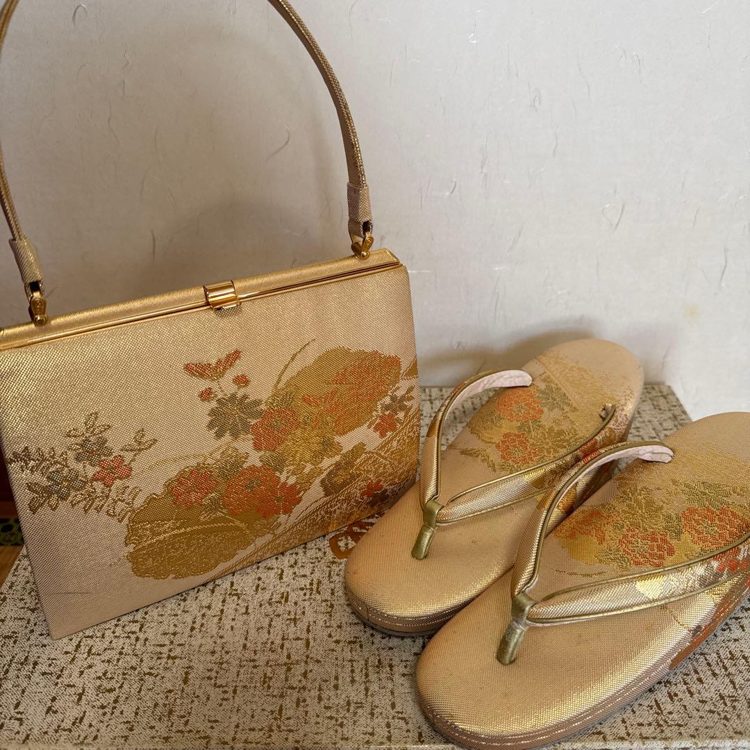 花柄 和装用バッグ 草履 セット ゴールド オレンジ - メルカリ