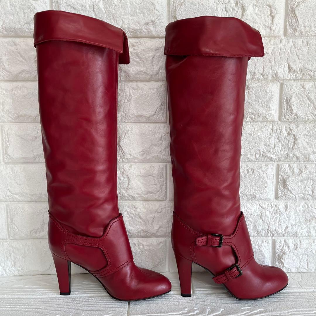 極美品】Sergio rossiレッド 本革ロング ブーツ 22.5ベルト装飾 - メルカリ