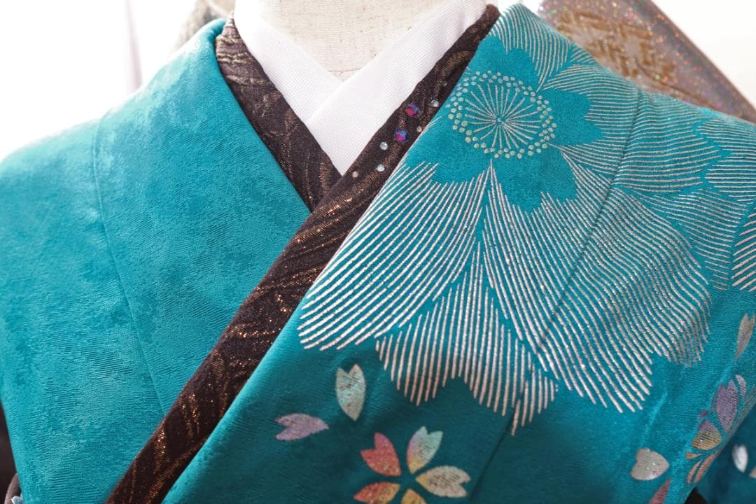 振袖フルセット ターコイズブルー×黒 粋 モダン 大輪花 成人式 - メルカリ