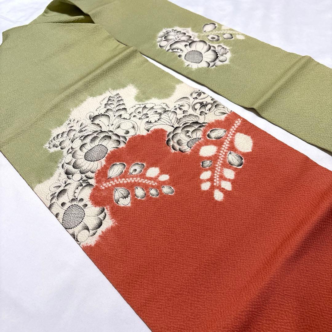 名古屋帯【大脇一心】西洞院辻が花 お太鼓柄 九寸帯 正絹 赤桃色 抹茶