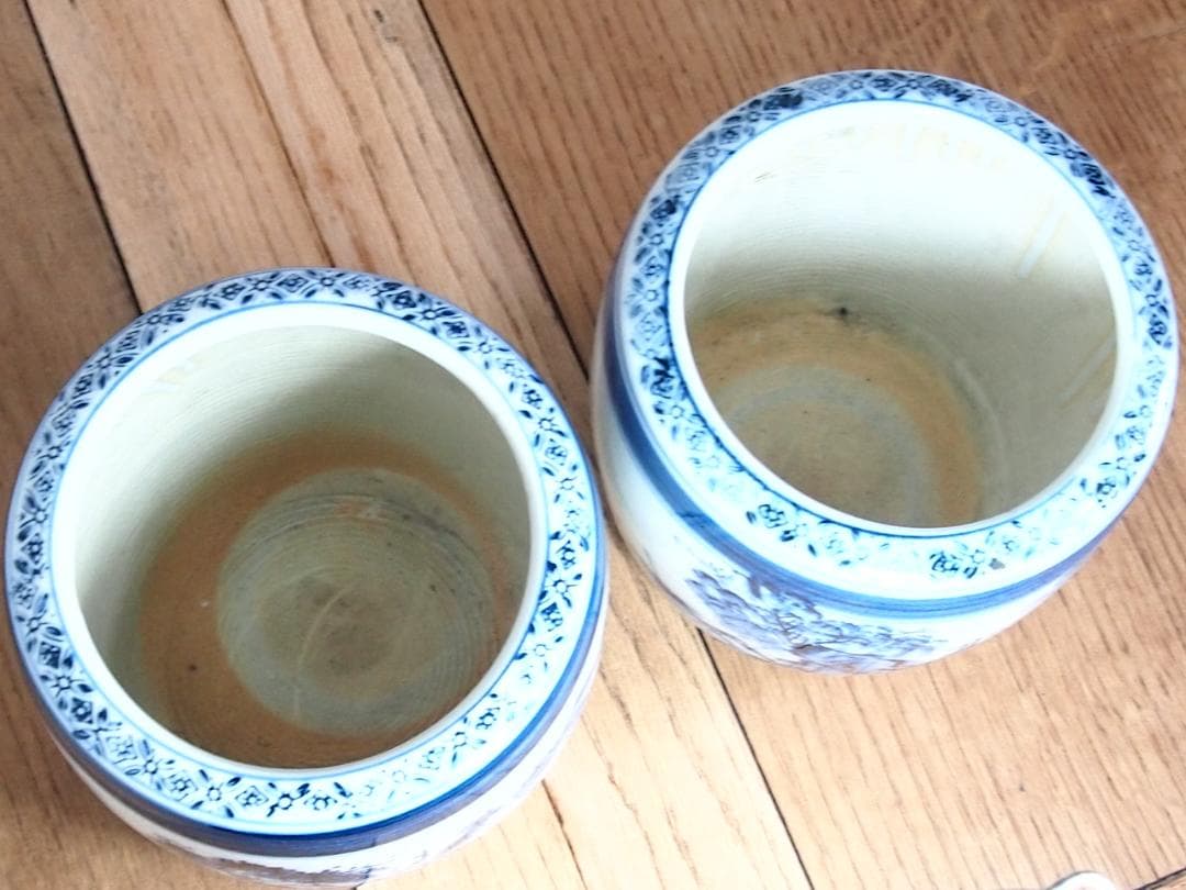 骨董・美品】染付山水手焙 一対/2個 絵変わり 火鉢/金魚鉢/メダカ鉢