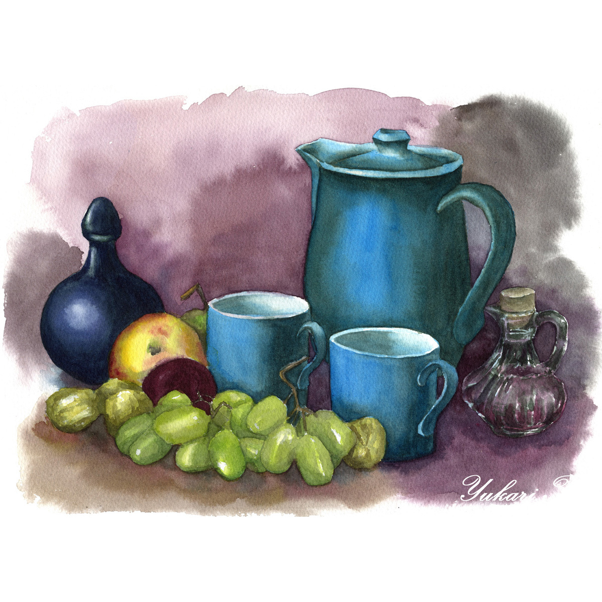 原画】on the table（水彩画/額無し）☆静物画 フルーツ 絵画