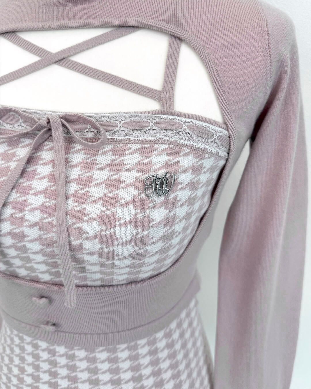 千鳥柄ハイネックアンサンブルトップス ブラック | ファッション通販