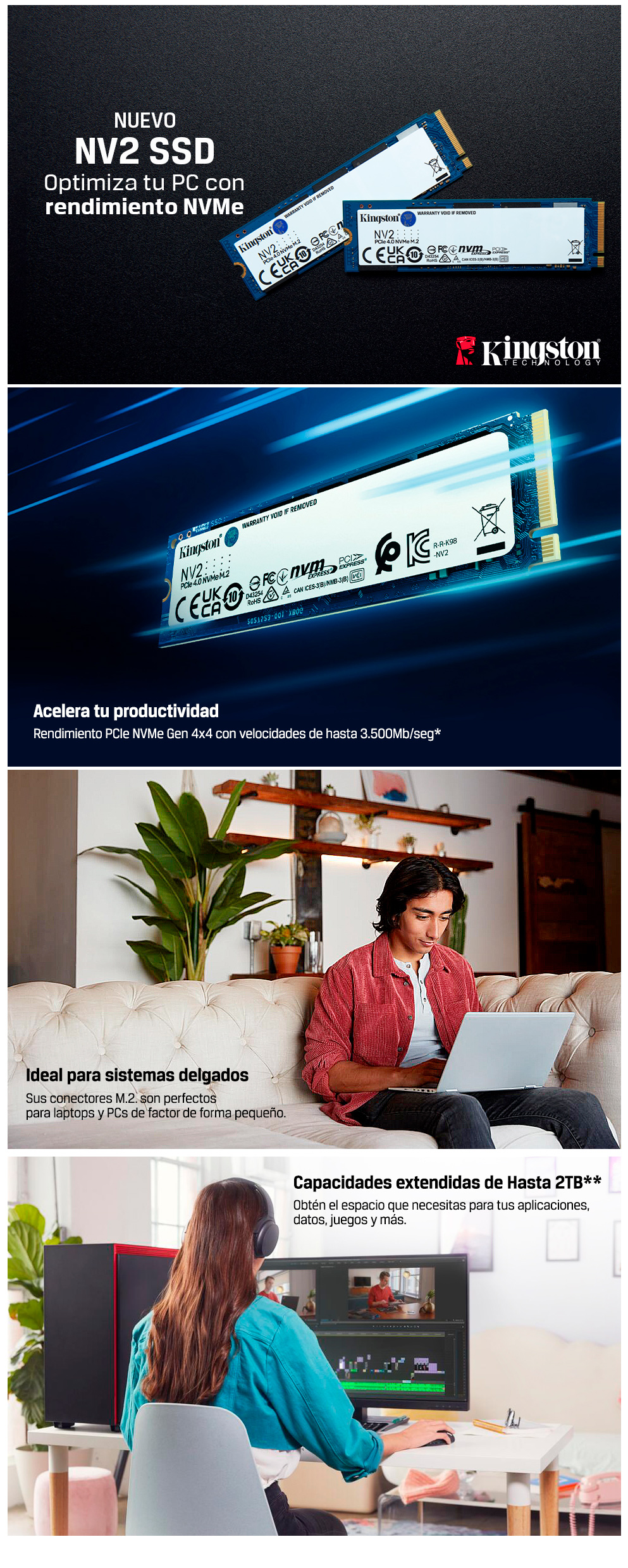 Kingston Unidad SSD 1TB PCIe NVMe Gen4 M.2 NV2 | pc Factory