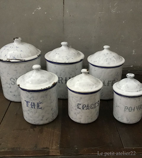 6個セット) フランス アンティーク ホーロー キャニスター 青 マーブル