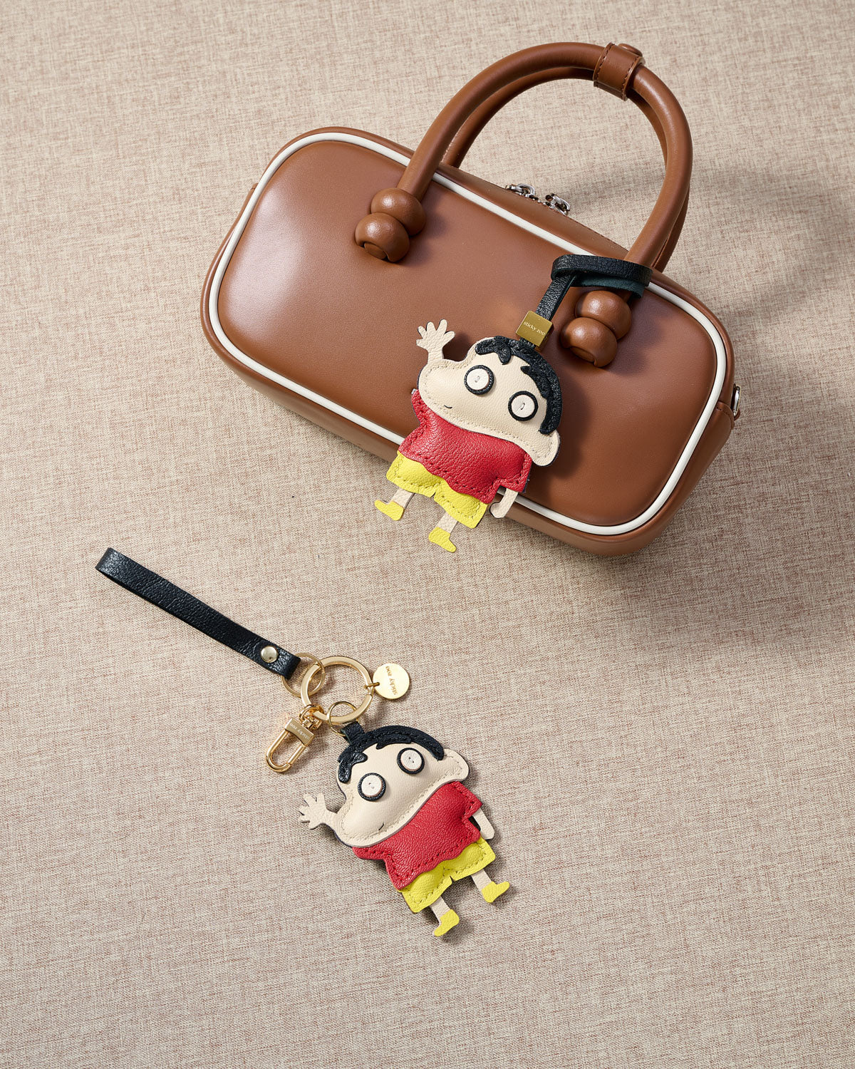 Crayon Shin-Chan Leather Bag Charm & Keychain – Handmade in Red