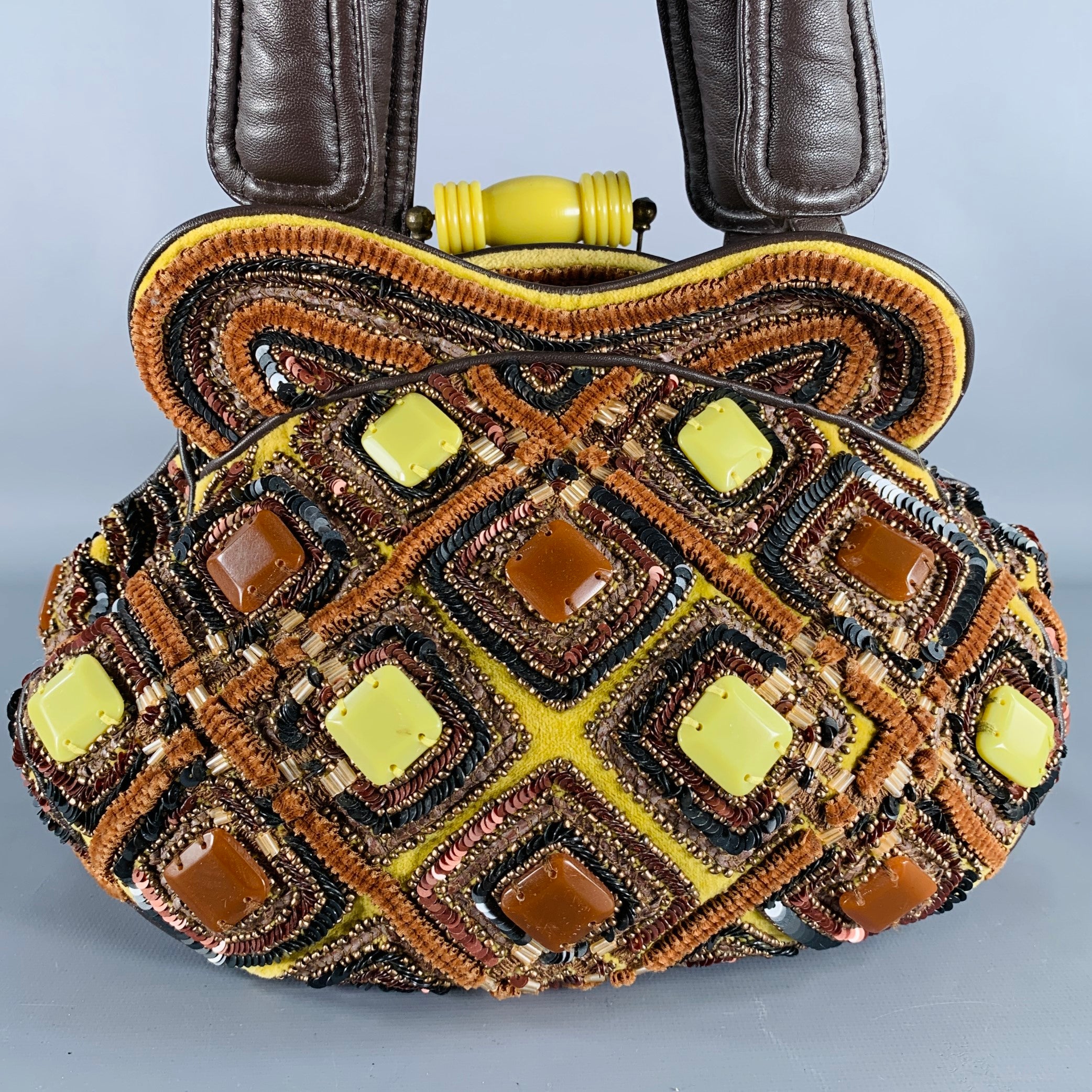 JAMIN PUECH Brown Yellow Beaded Cotton Leather Handbag – Sui