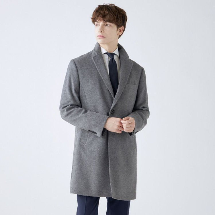 BL】ウールチェスターコート/グレー×ソリッド/NEW ZEALAND WOOL