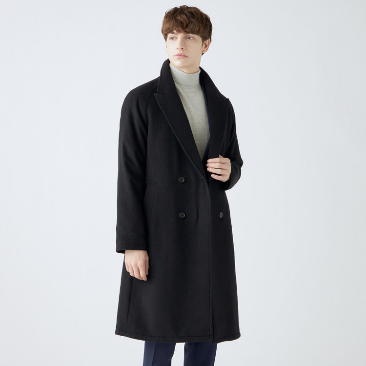 SL】ウールブレンド ラグランダブルチェスターコート/ブラック/RE