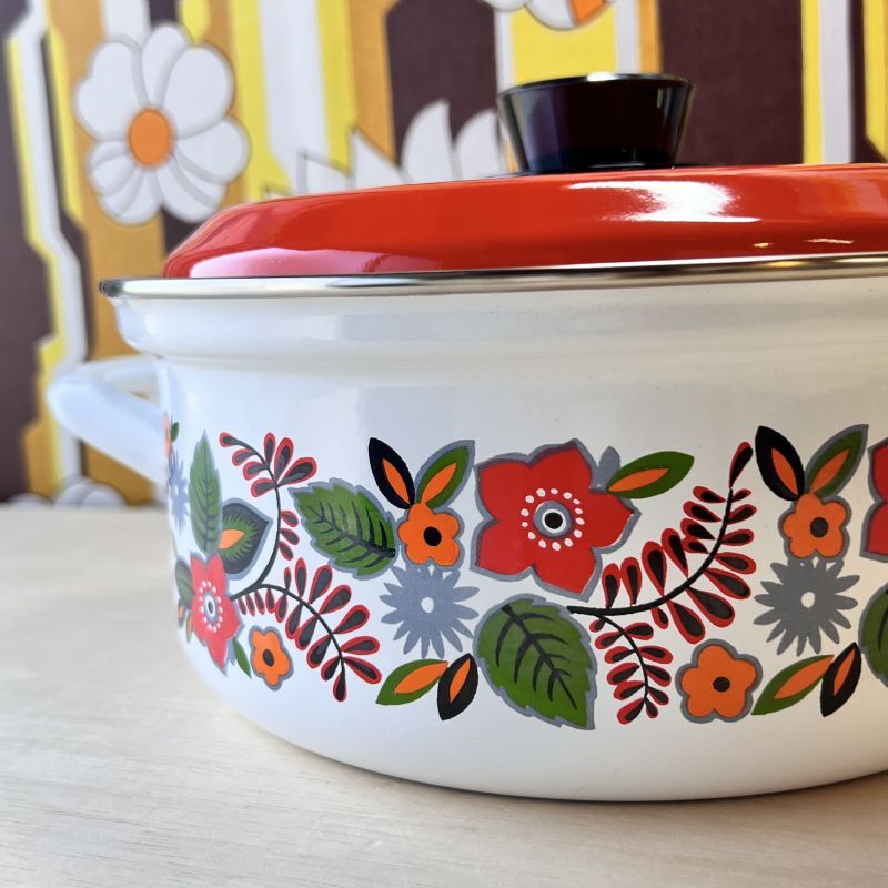 旧西ドイツ製 west falia ホーロー両手鍋 レトロ花柄 オレンジ蓋 20cm